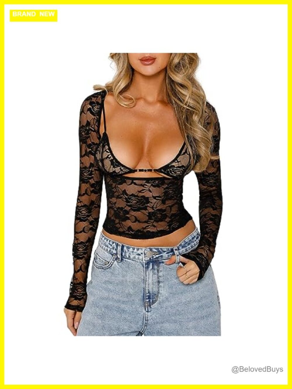 Womens Floral Lace Long Sleeve Mesh See Through Crop Top Slim Fit Tee